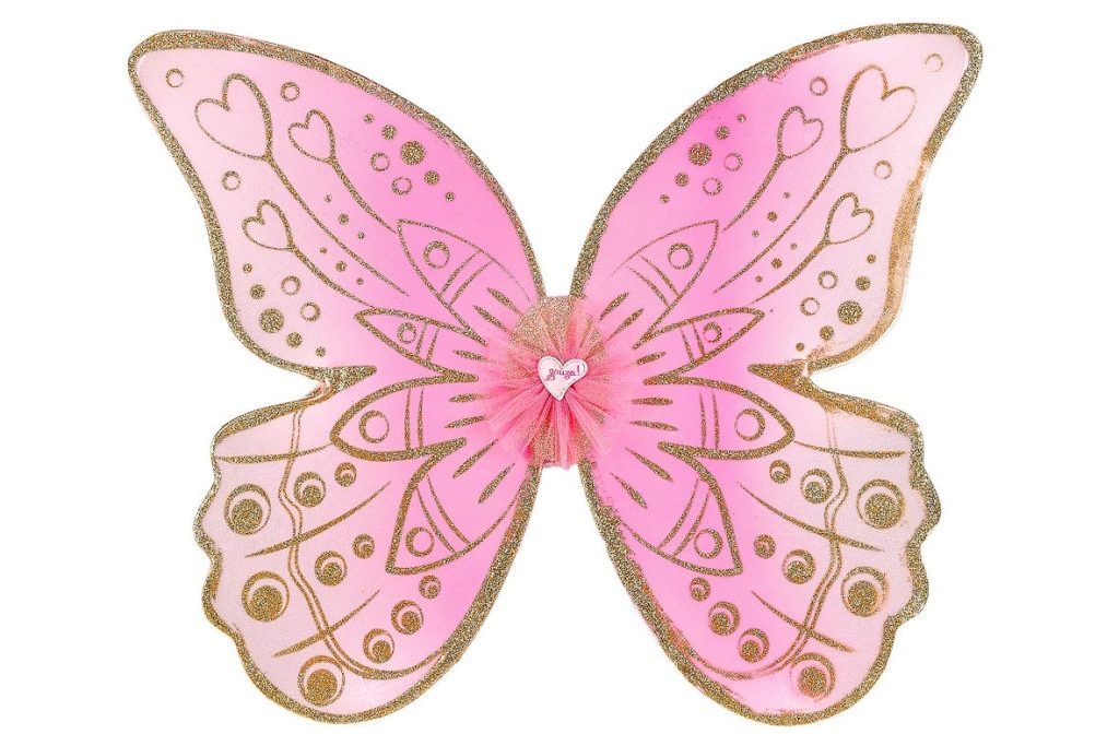 Roze fee vleugels met gouden glitters en sierlijke patronen, verbonden met een roze bloem in het midden