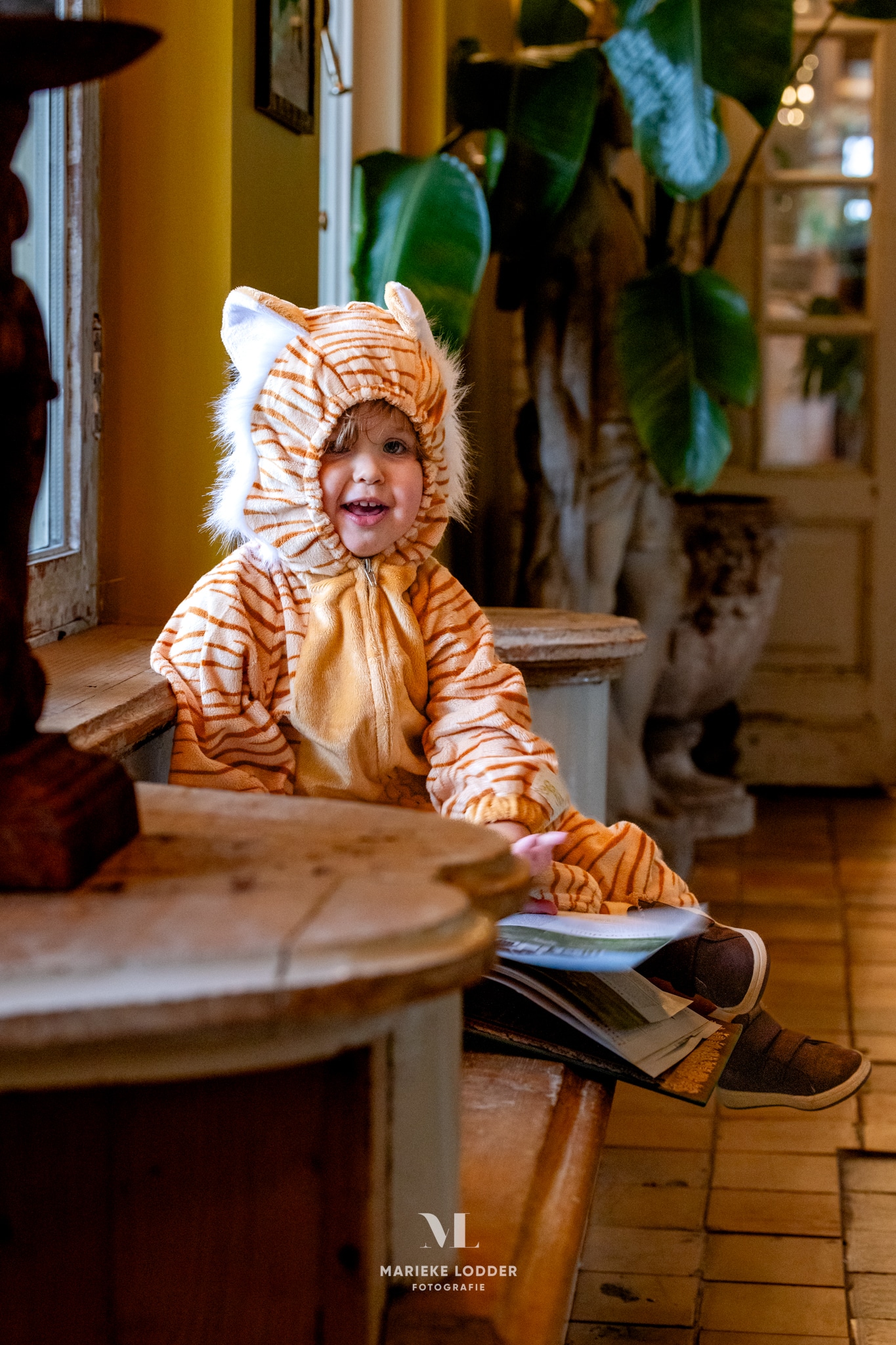 Kind in een tijger onesie met oranje vacht, bruine strepen en een capuchon met tijgeroren, zittend aan tafel.