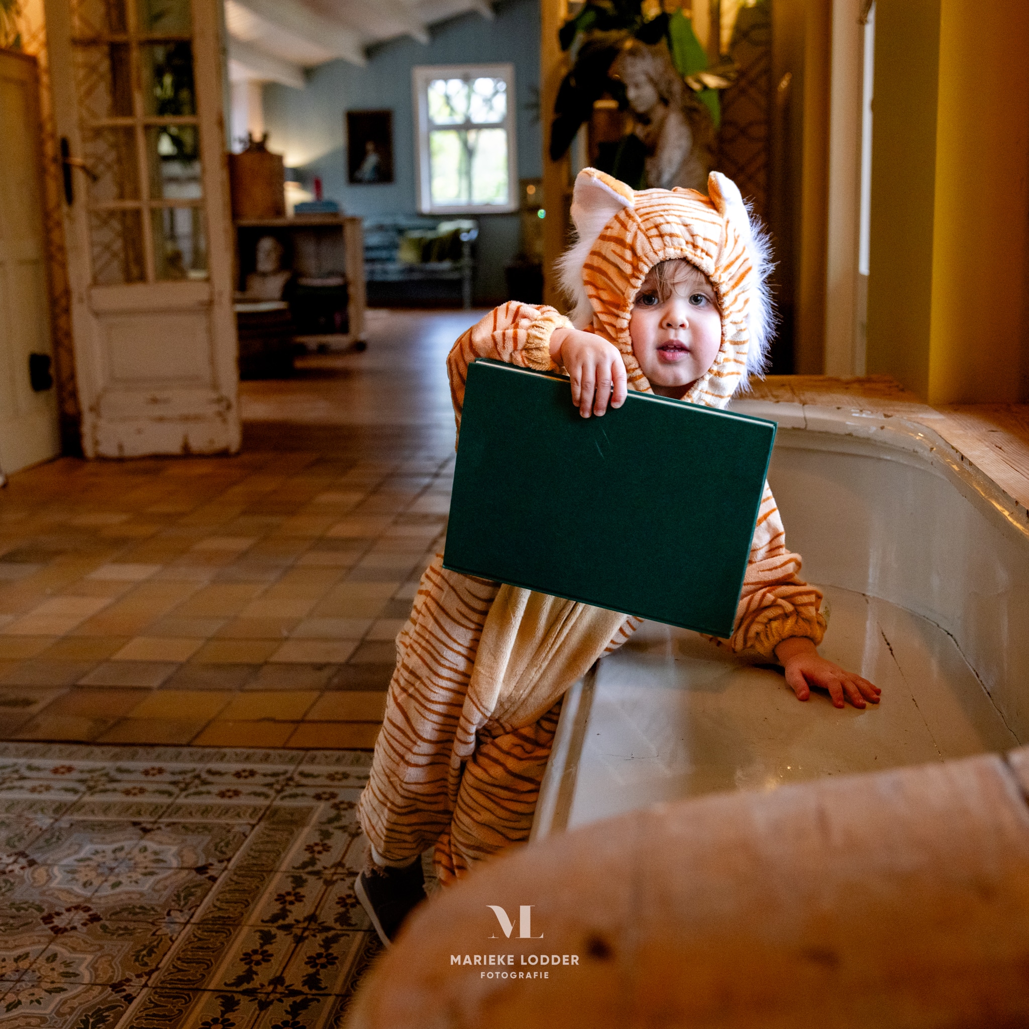 Kind in de tijger onesie met oranje vacht, donkere strepen en tijgerkap houdt een groen bord vast