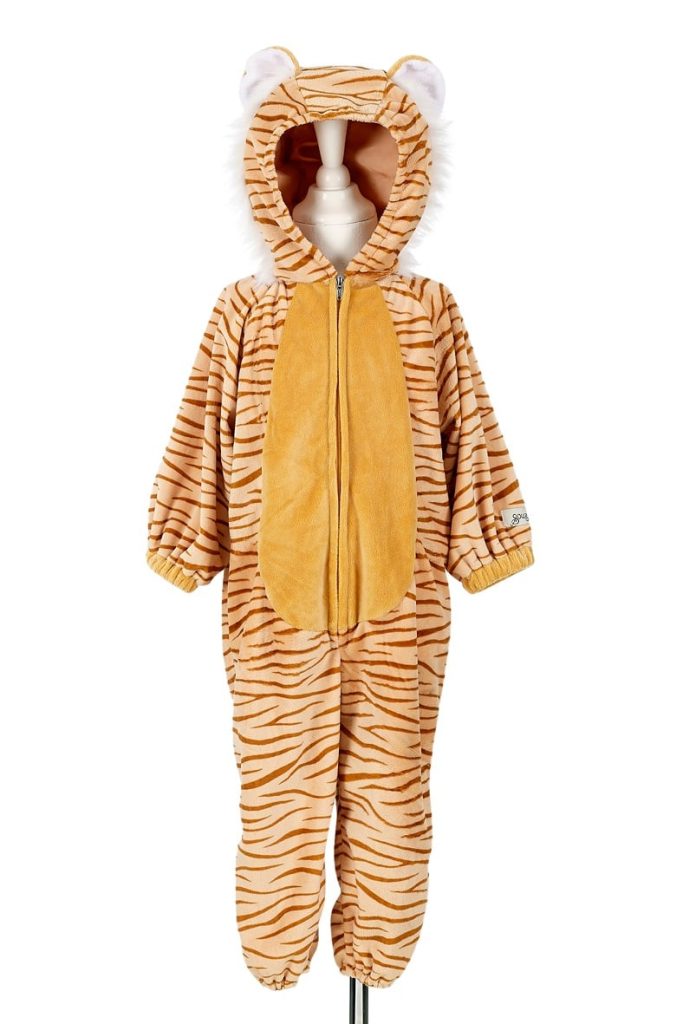 Souza! tijger onesie in oranje met zwarte strepen, capuchon met oortjes en ritssluiting aan de voorkant