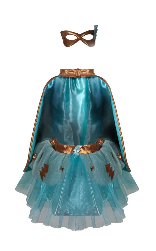 Mintgroene superheldenverkleedset van Great Pretenders met glanzende cape, tutu met bliksemschichten en masker.