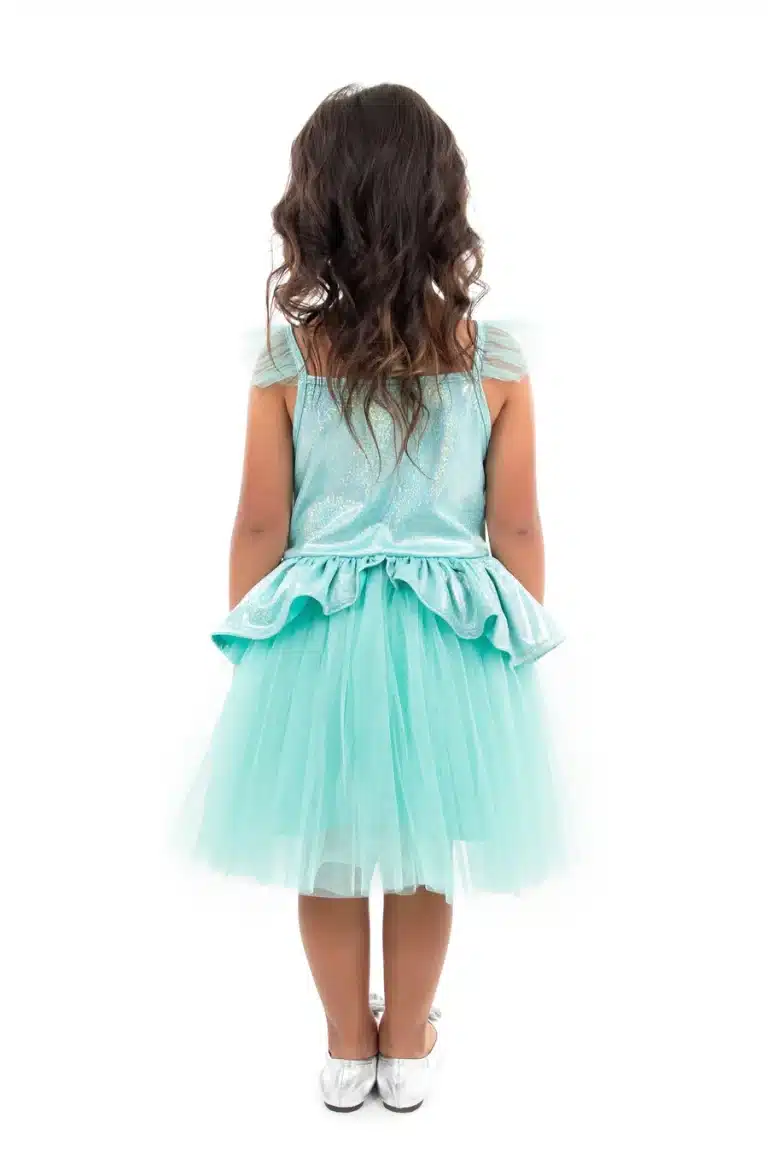 Achteraanzicht van een meisje in de mintgroene tutu prinsessenjurk met tule rok en glanzend lijfje