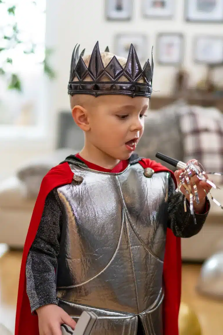 Jongen draagt het Little Adventures cape vest met zilveren borststuk, rode cape en zwarte mouwen, met een zwarte kroon