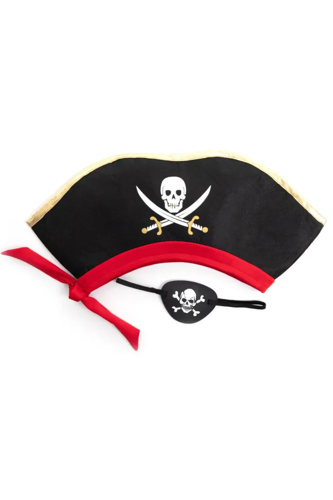 Deluxe piraten hoed en ooglapje met doodshoofdembleem, zwarte stof, rode band en goudkleurige rand
