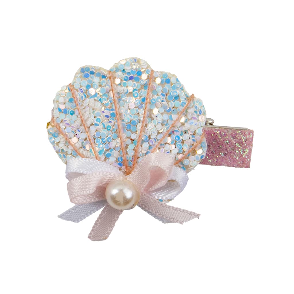 Great Pretenders haarclip Schelp met een blauw-wit glinsterende schelp, roze glitterclip, tule strik en parel.