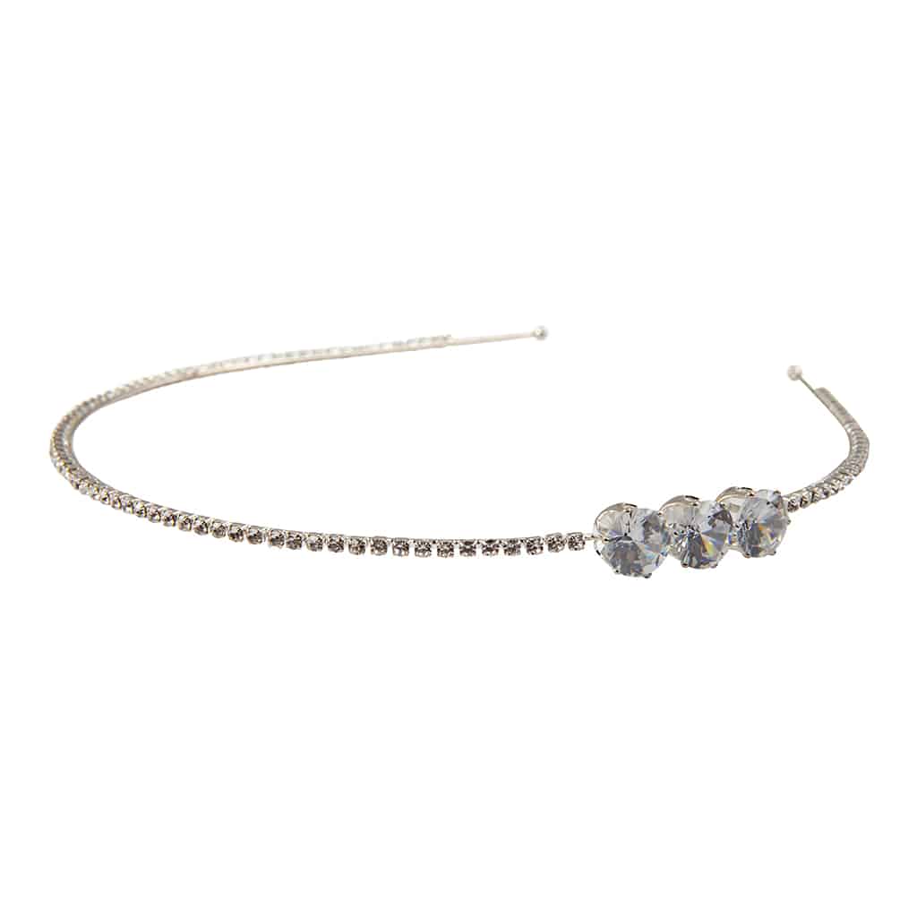 Zilverkleurige Boutique haarband met een rij kleine diamantjes en vier grote glanzende stenen aan de voorkant