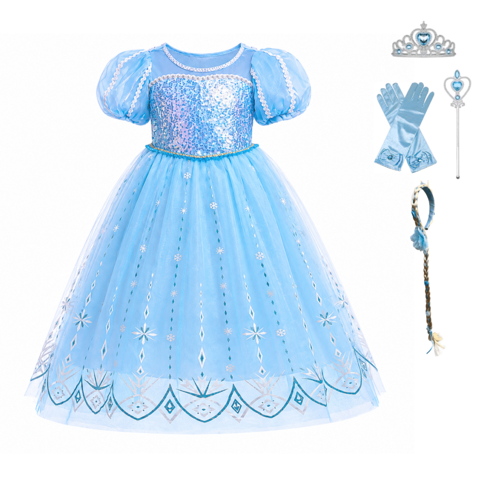 Blauwe frozen prinsessenjurk met glinsterend lijfje, handschoenen, kroon en toverstaf