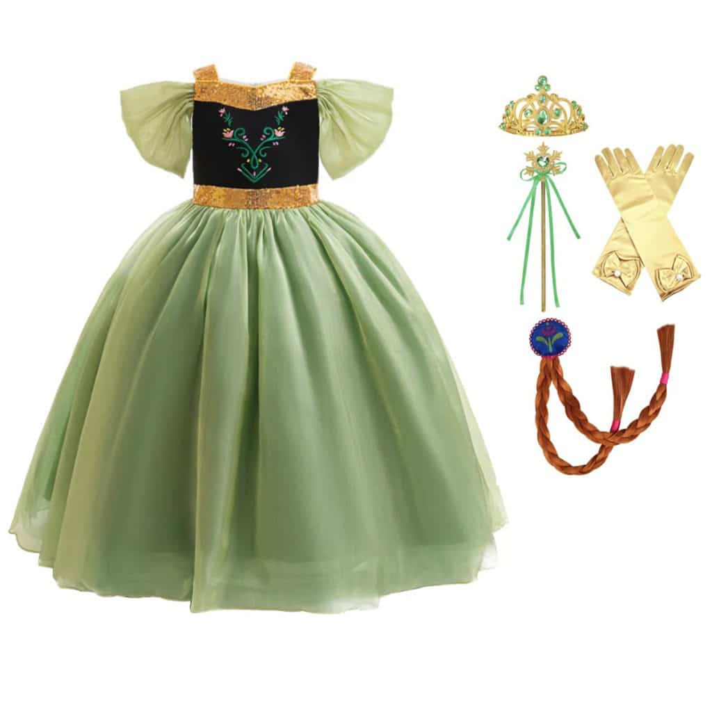 Groene Anna jurk met gouden details en bijpassende kroon, toverstaf, handschoenen en vlechtjes van Frozen