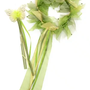 Groene bloemenkrans en prinsessen toverstaf met vlinder, blaadjes en lange groene en gouden linten van de Tinkerbell-set