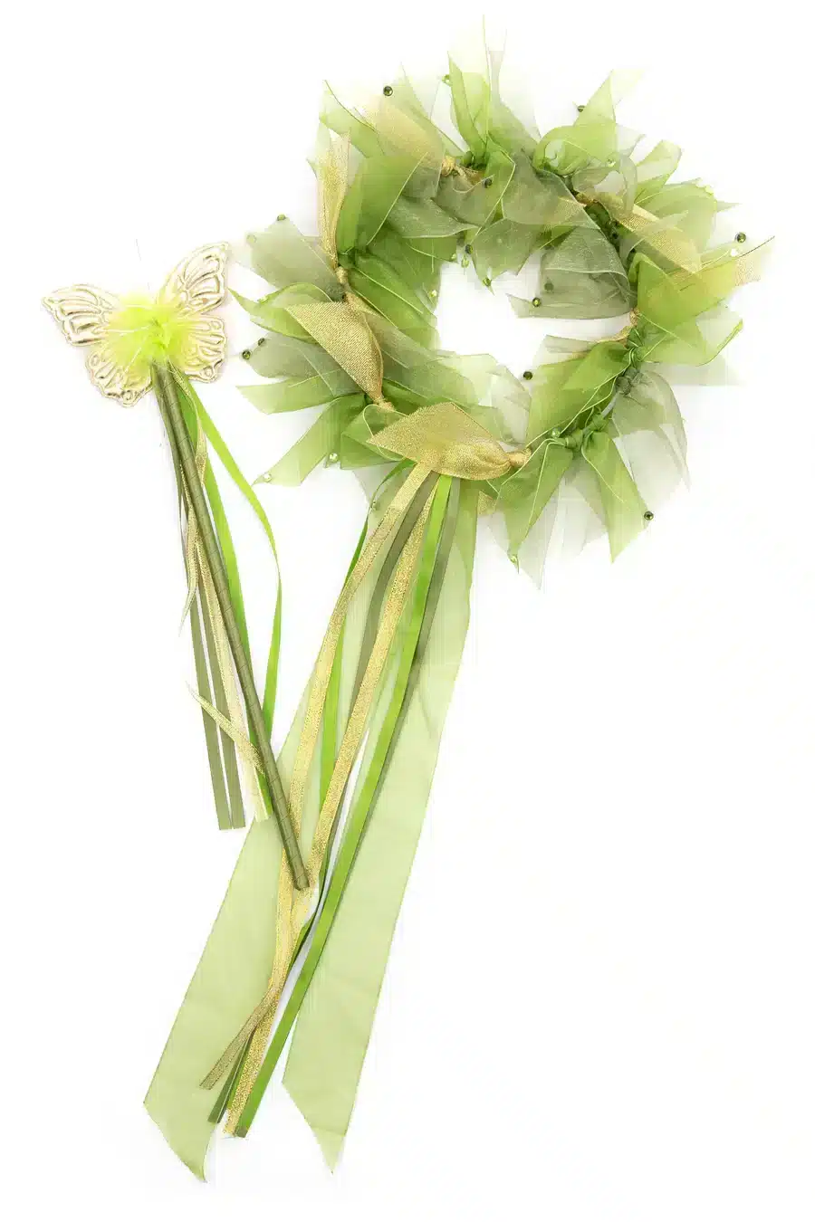 Groene bloemenkrans en prinsessen toverstaf met vlinder, blaadjes en lange groene en gouden linten van de Tinkerbell-set
