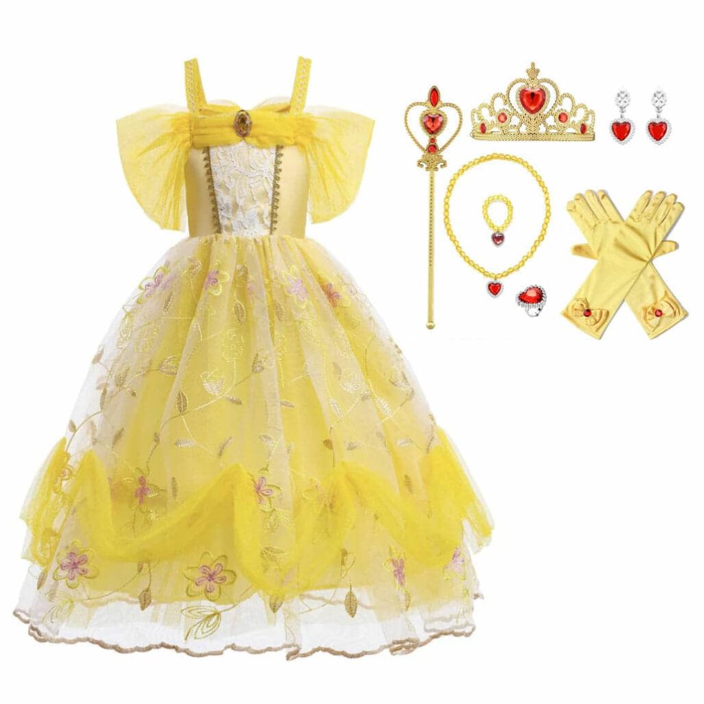 Gele belle en het beest jurk van Het Betere Merk met bloemenprint, kroon, toverstaf, sieraden en gele handschoenen.