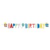 Great Pretenders Happy Birthday feestslinger met kleurrijke letters, cadeautjes en een ballon aan goudkleurig draad