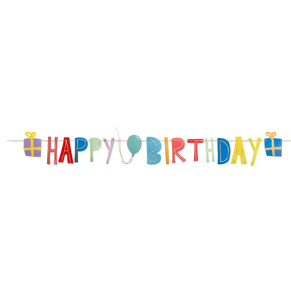 Great Pretenders Happy Birthday feestslinger met kleurrijke letters, cadeautjes en een ballon aan goudkleurig draad