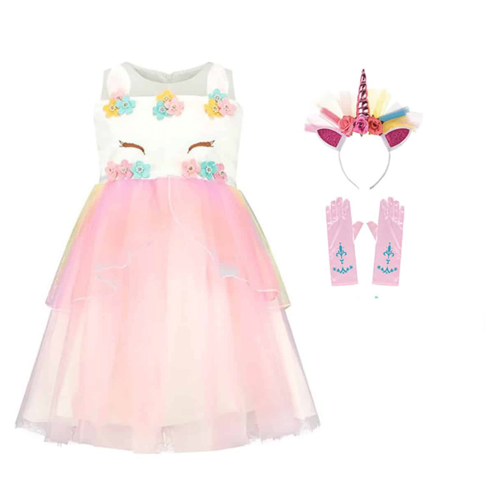 Roze unicorn jurkjes met witte top, bloemen, tule rok, eenhoornhaarband en bijpassende handschoenen