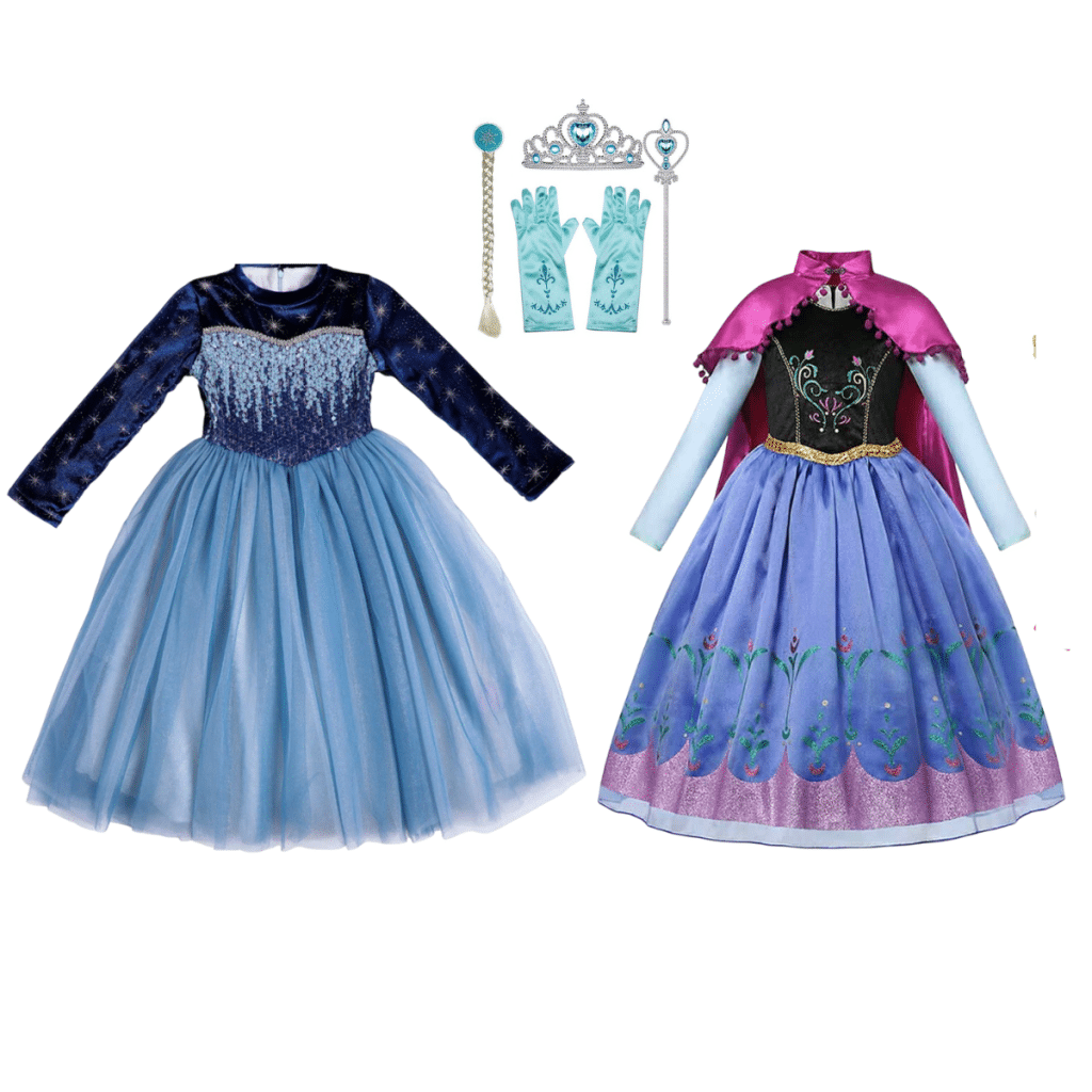 Elsa en Anna jurk met blauwe en paarse prinsessenjurken, kroon, handschoenen en toverstaf.