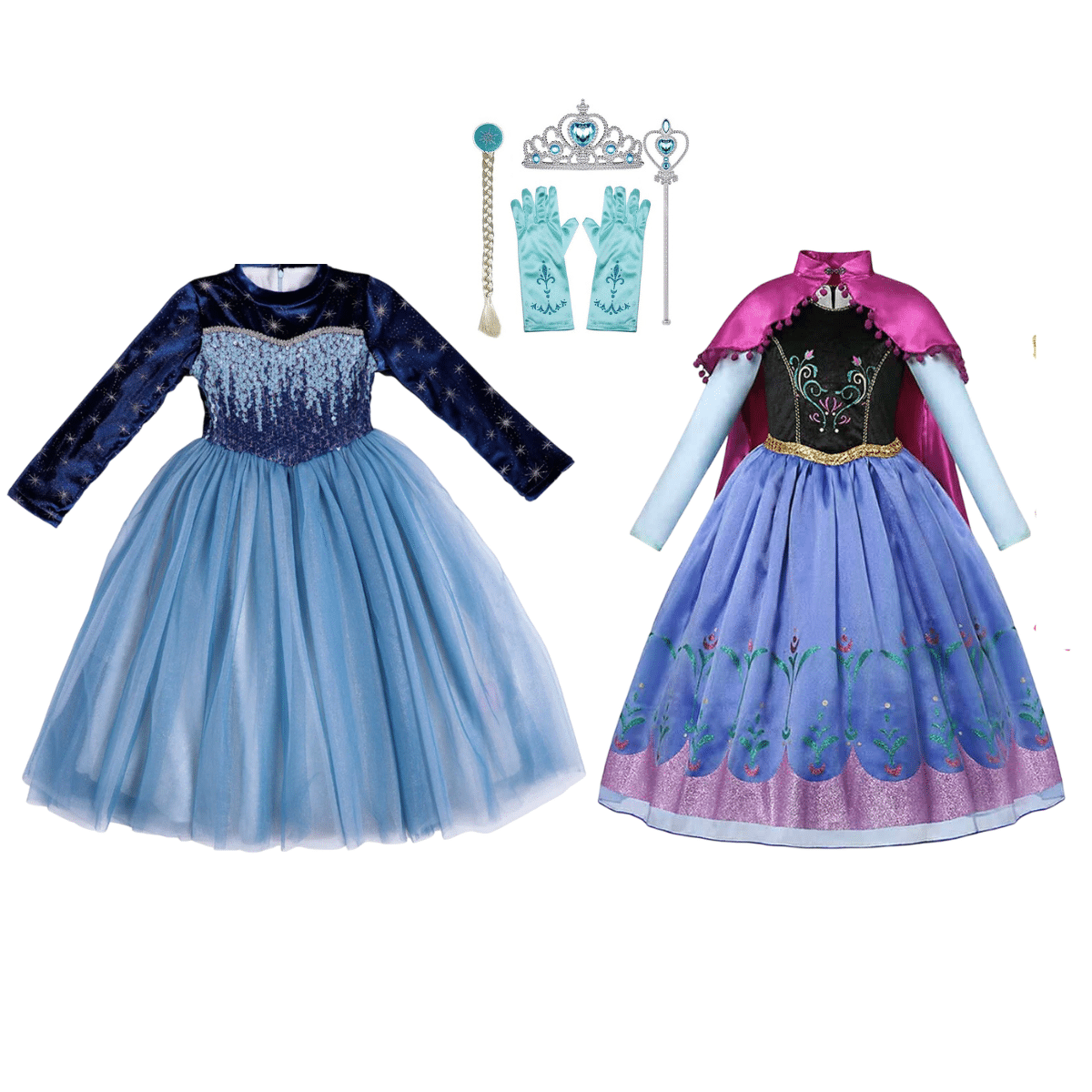 Elsa en Anna jurk met blauwe en paarse prinsessenjurken, kroon, handschoenen en toverstaf.