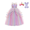 Lila unicorn jurk met kleurrijke tule rok, eenhoornhaarband en lange handschoenen naast elkaar