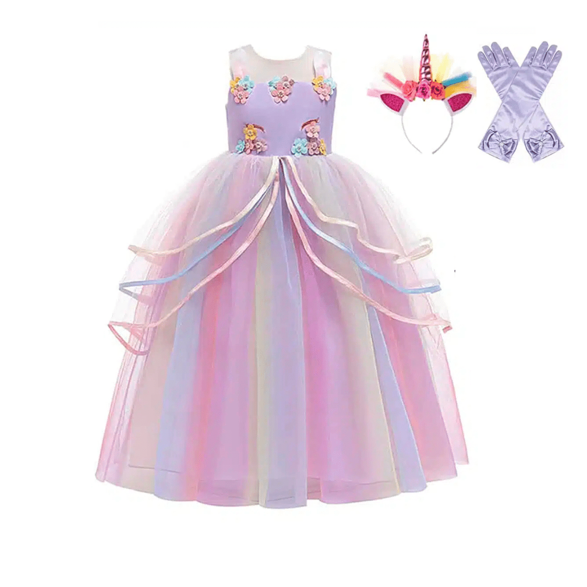 Lila unicorn jurk met kleurrijke tule rok, eenhoornhaarband en lange handschoenen naast elkaar