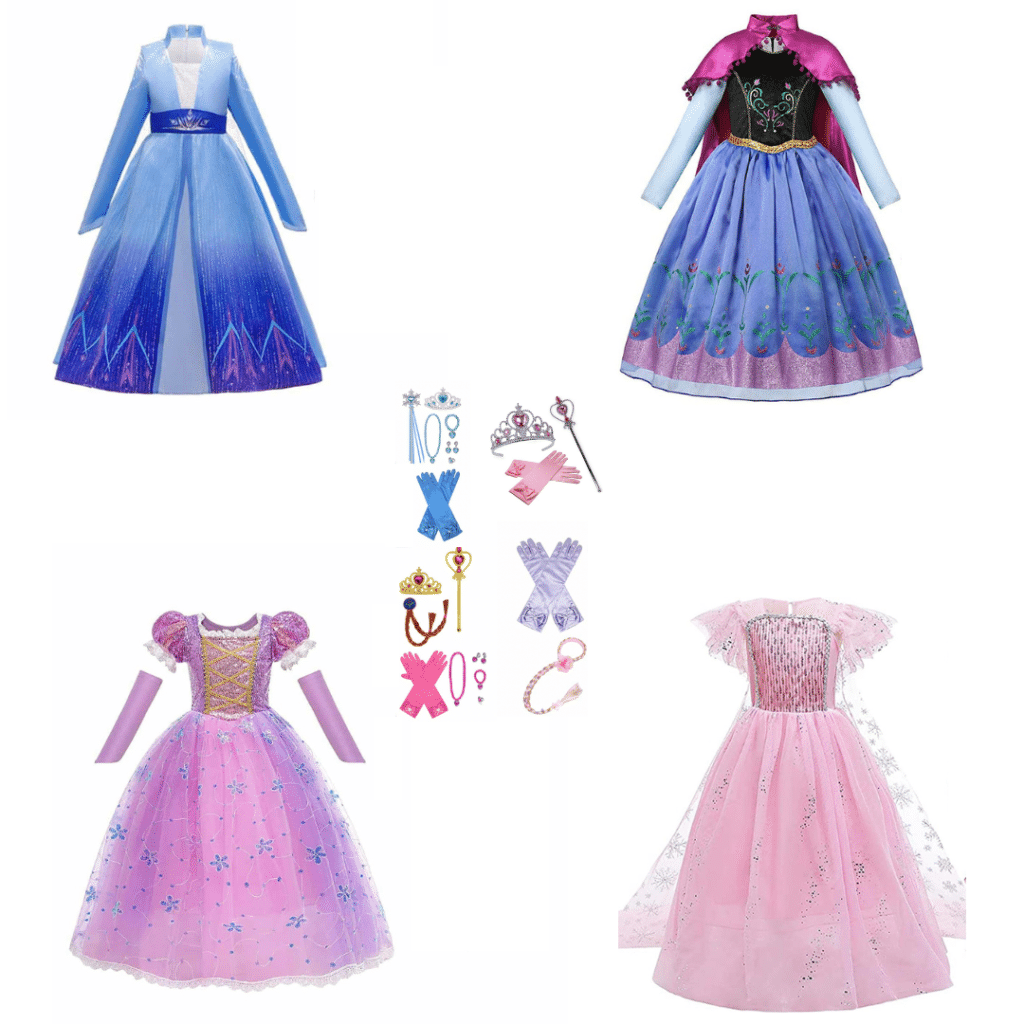 Voordeelpakket met een anna en elsa jurk, een Rapunzel jurk, een roze Elsa jurk en bijpassende accessoires