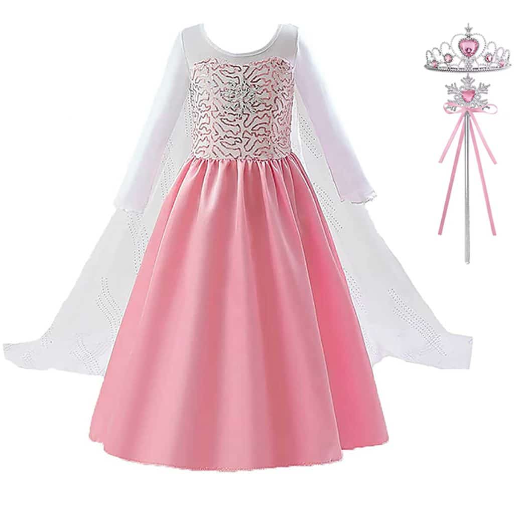 Roze Elsa prinsessenjurk van Het Betere Merk met lange mouwen, witte overslag, kroon en roze toverstaf