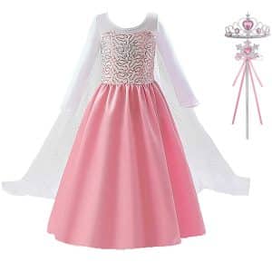 Roze Elsa prinsessenjurk van Het Betere Merk met lange mouwen, witte overslag, kroon en roze toverstaf