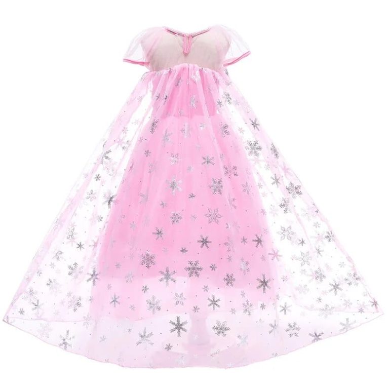 Roze Elsa jurk met korte mouwen en een transparante rok vol zilveren sneeuwvlokken