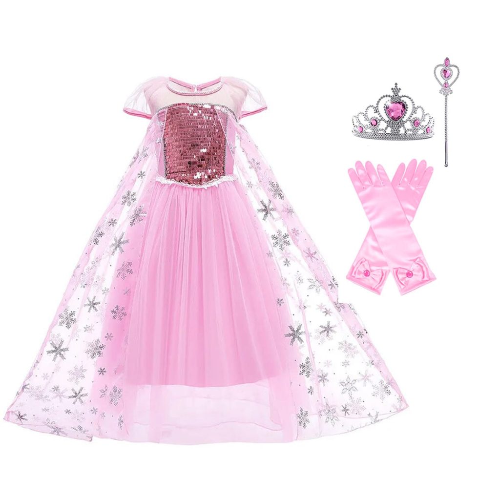 Roze Elsa jurk met glanzend lijfje, sneeuwvlokcape, kroon, handschoenen en toverstaf van Het Betere Merk