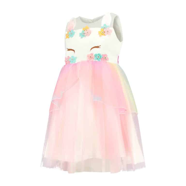 Roze unicorn jurk van Het Betere Merk met witte top, bloemenversiering en een luchtige rok van roze tule