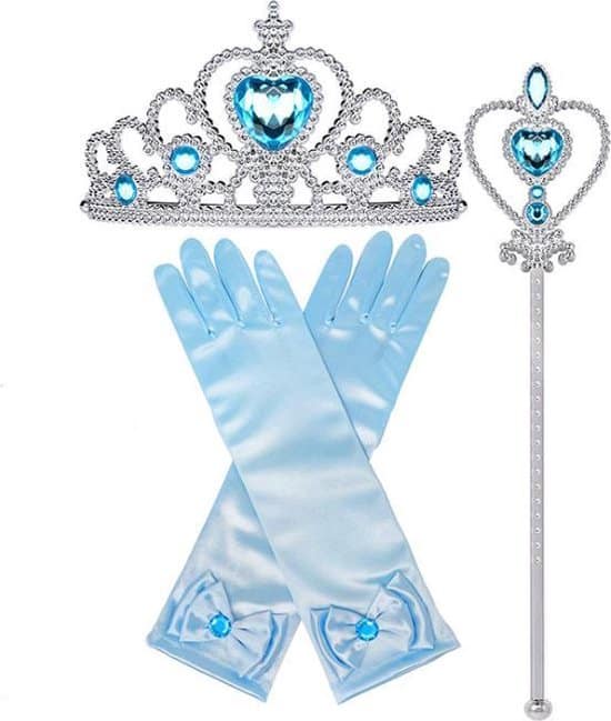 Blauwe prinsessenaccessoires met tiara, toverstaf en lange handschoenen met blauwe juwelen