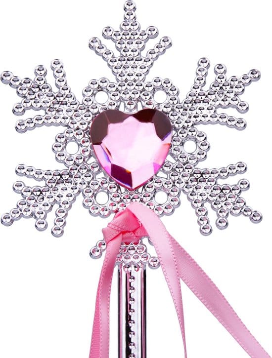 Roze prinsessen toverstaf met zilveren stervormige versiering, roze hart en lange roze linten