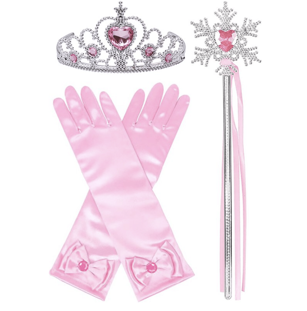 Roze prinsessenaccessoires met een zilveren kroon, toverstaf met linten en lange handschoenen met strikken
