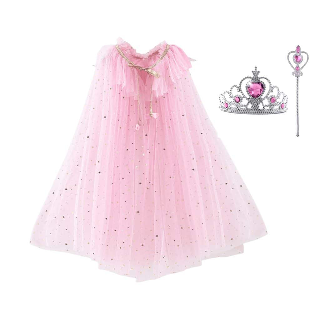 Roze prinsessencape van tule met goudkleurige sterren, met bijpassende kroon en toverstaf