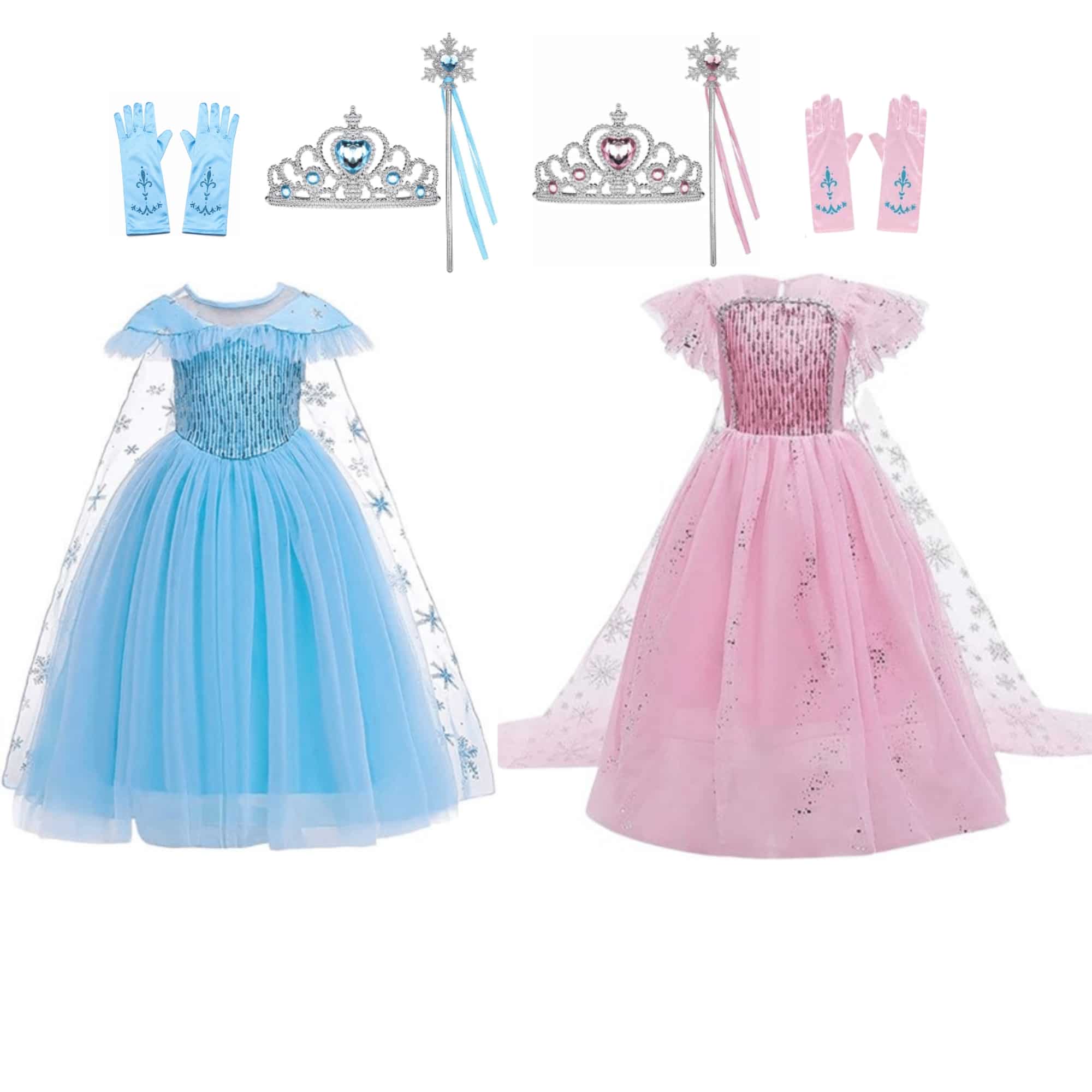 Blauwe en roze Elsa jurken met elk een kroon, staf en handschoenen van Het Betere Merk
