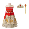 Vaiana prinsessenjurk met rode top, beige rok met franjes, tiara en gouden toverstaf