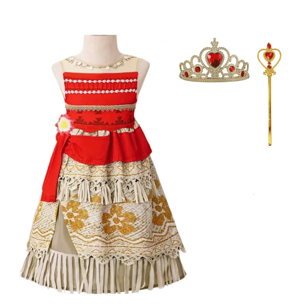 Vaiana prinsessenjurk met rode top, beige rok met franjes, tiara en gouden toverstaf