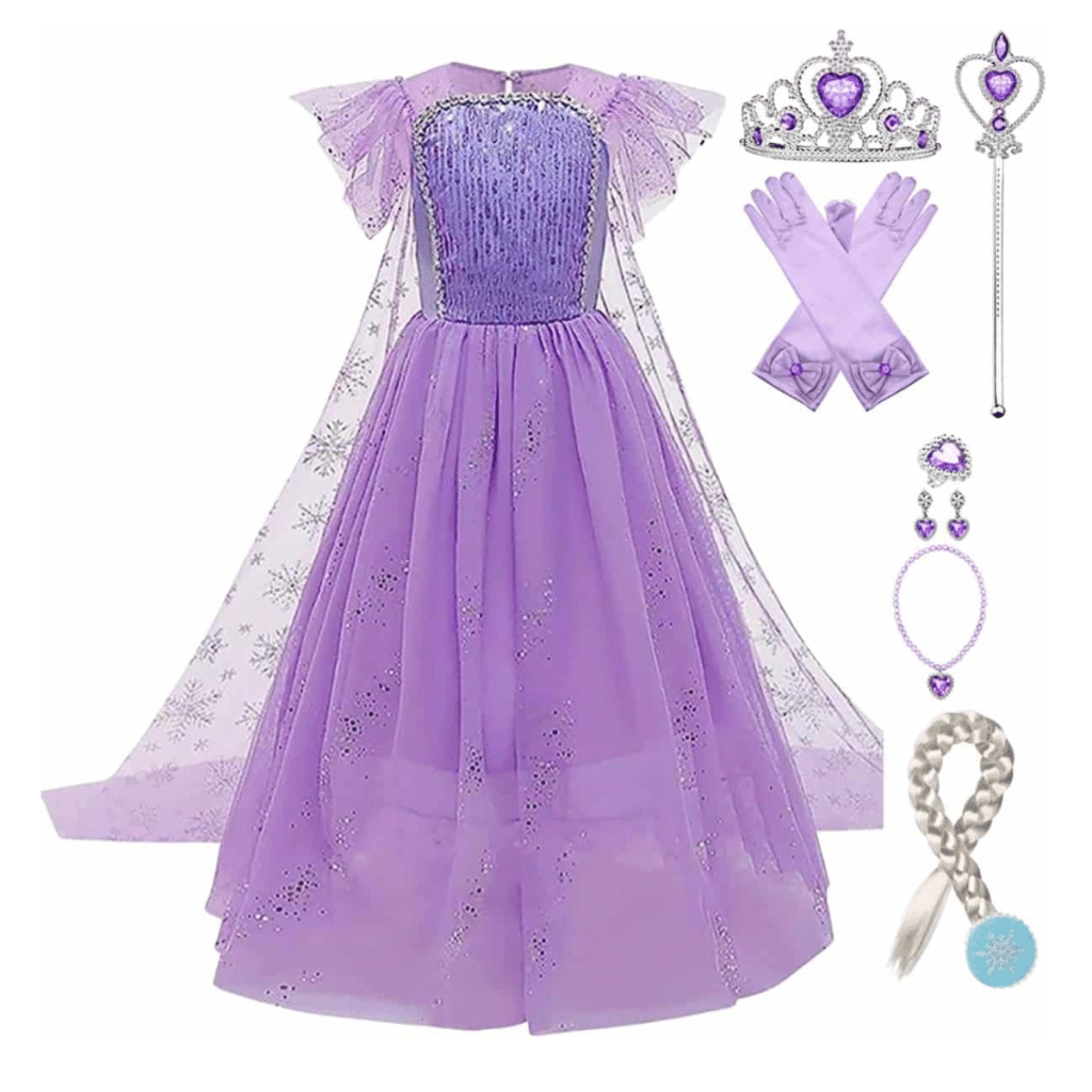 Paarse prinsessenjurken: paarse Elsa-jurk met tiara, handschoenen, staf, sieraden en vlecht.