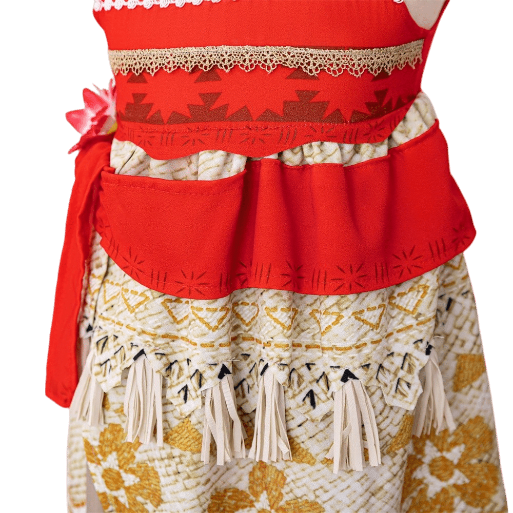 Detail van de rood-witte rok van de Vaiana Moana prinsessenjurk van Het Betere Merk, met franjes en patronen.