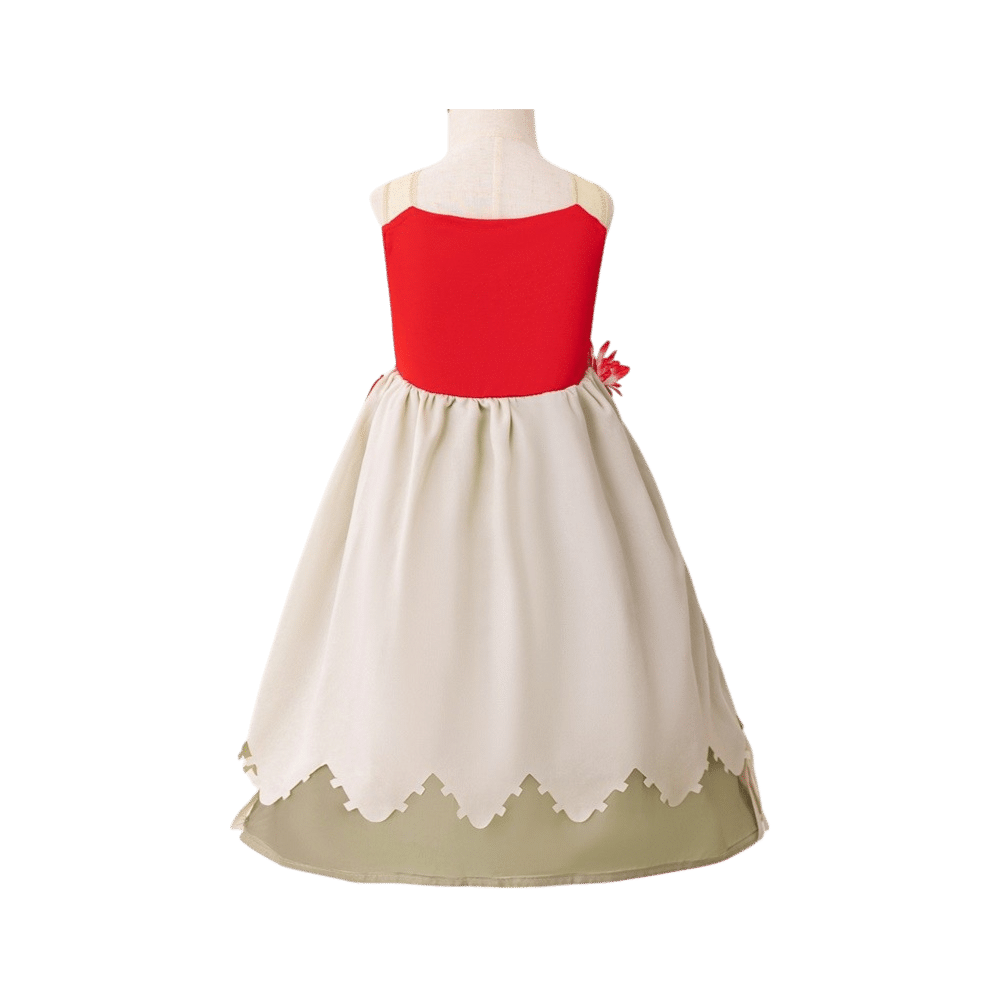 Vaiana kostuum met rode top en ivoorkleurige rok, op een paspop met geschulpte zoom en bloem aan de taille