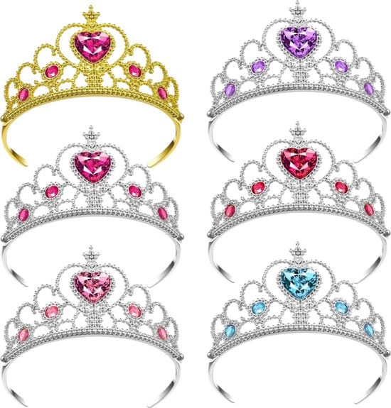 Zes prinsessenkroontjes in goud- en zilverkleur met hartvormige edelsteenversiering in verschillende kleuren