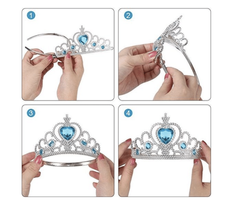 Tiara set met zilverkleurige prinsessenkroon die stap voor stap in elkaar wordt geklikt, met blauwe hartversiering.