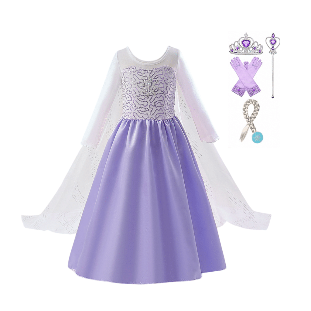 Paarse elsa prinsessenjurk met witte doorschijnende mouwen en cape, tiara, paarse handschoenen, staf en vlecht