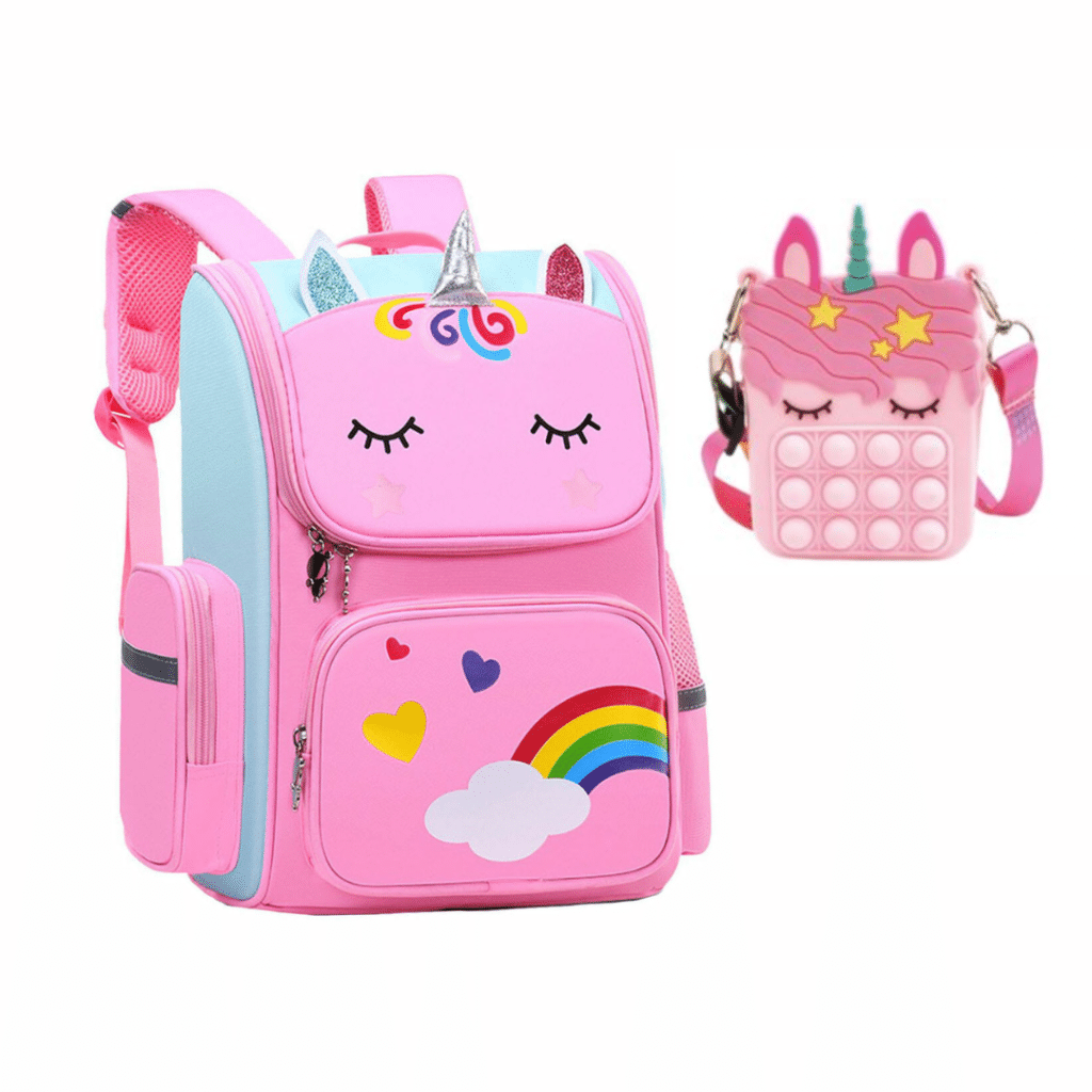 Roze unicorn rugtas met regenboog en eenhoornpop-it-tasje, beide met eenhoornversiering en eenhoornoren