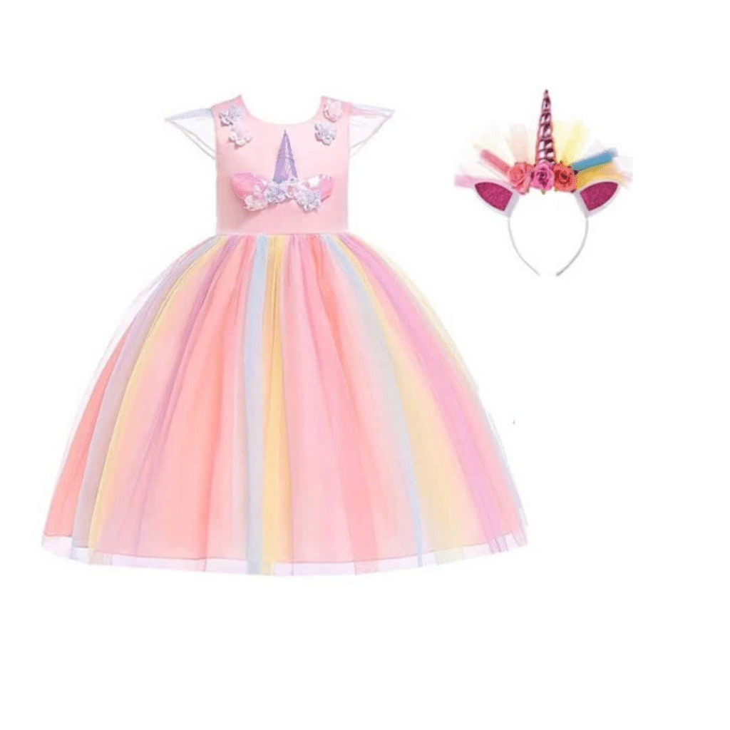Roze unicorn jurkje met pastelkleurige tule rok, glanzende eenhoornversiering en bijpassende haarband