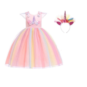 Roze unicorn jurkje met pastelkleurige tule rok, glanzende eenhoornversiering en bijpassende haarband