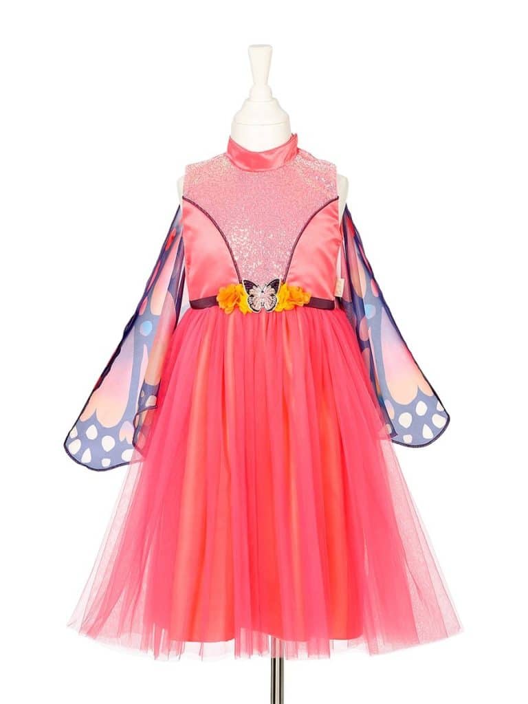 Vooraanzicht van de Papillon prinsessenjurk souza op een paspop, met vlinderceintuur, roze tule rok en kleurrijke vleugelmouwen.