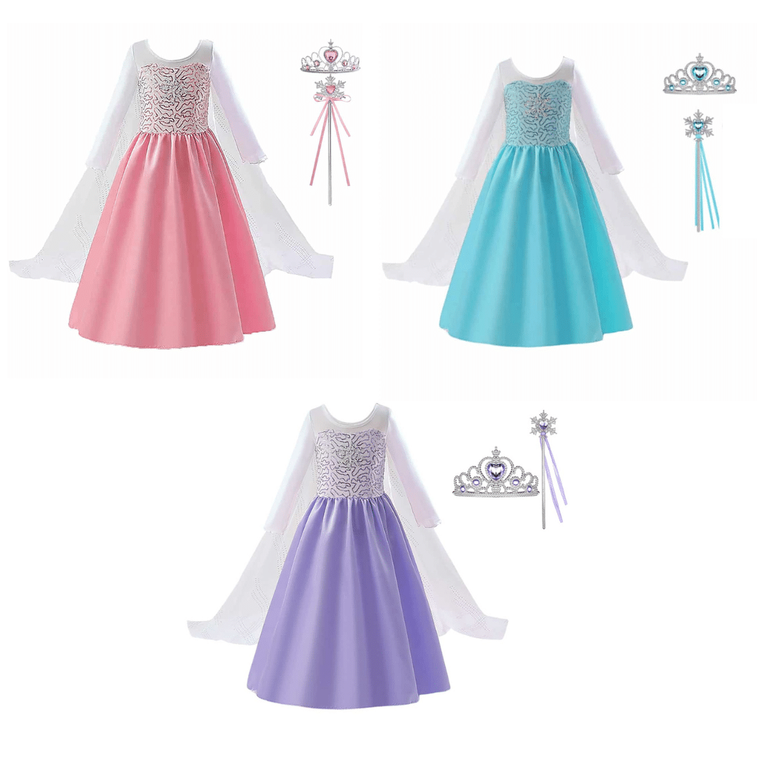 Het Betere Merk combideal met drie Elsa-jurken: een Elsa jurk roze, blauwe en paarse jurk met witte mouwen, capes, tiara en toverstaf.