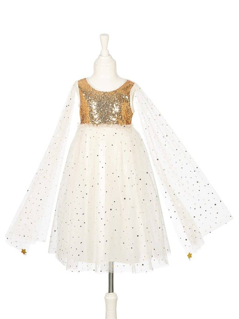 Witte Dorianne-prinsessenjurk op een paspop, met gouden glitterlijfje, wijde mouwen en sterversiering