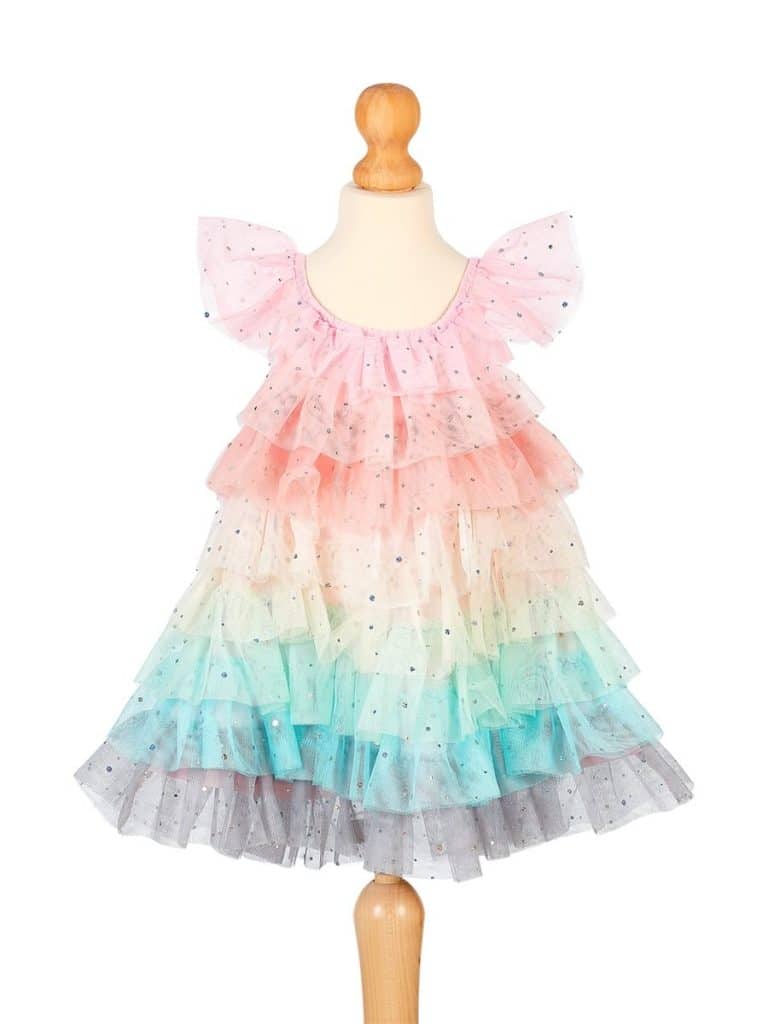 Multicolor prinsessenjurk 4 jaar Fenne op een paspop, met roze, turquoise en grijze tulelagen vol glinsterende stipjes