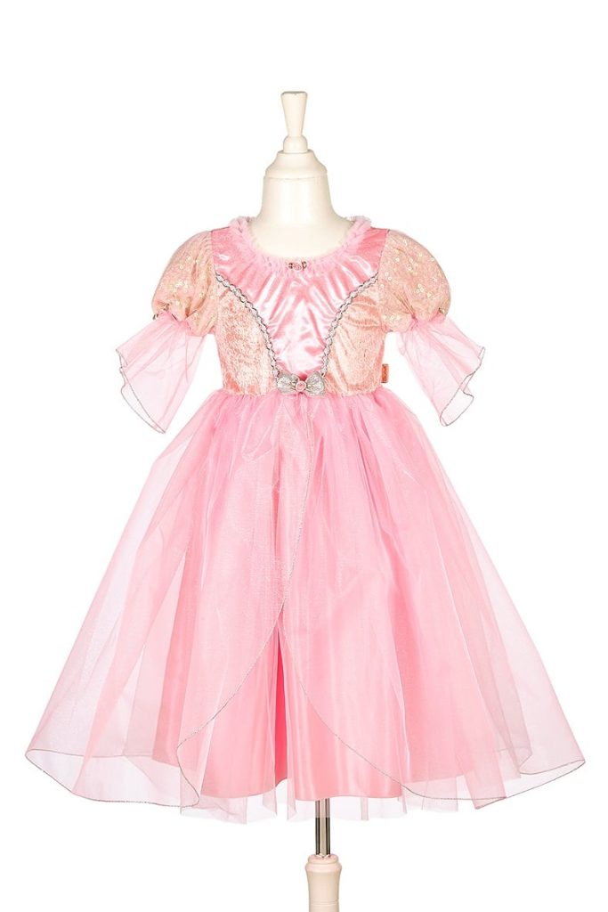 Roze prinsessenjurk Annerose op een paspop, met glanzend lijfje, pofmouwen en een lange rok van tule.
