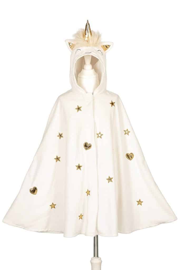 Witte eenhoorncape voor kinderen met capuchon, gouden hoorn en gouden sterren en hartjes op de voorkant